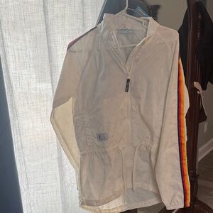 Aldi Women's White Windbreaker Jacket with Rainbow Stripes